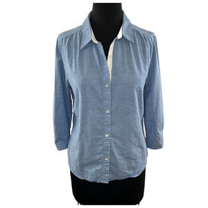 7 For All Mankind Chambray White Detail Button Down 3/4 Sleeve Shirt M Medium